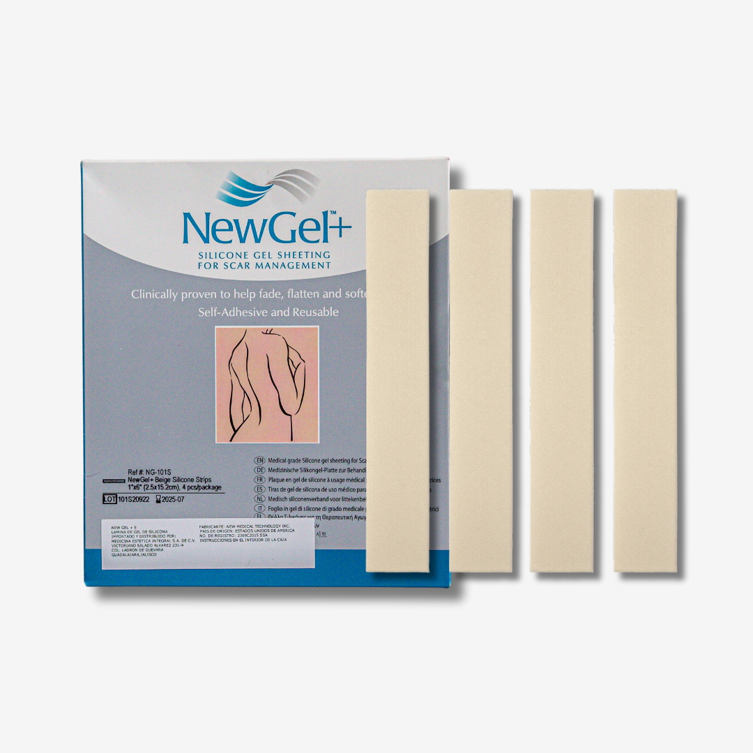 Parches en Tiras para Cicatrices de Silicón de Alto Grado Médico Newgel | 4 piezas | Beige y Transparente